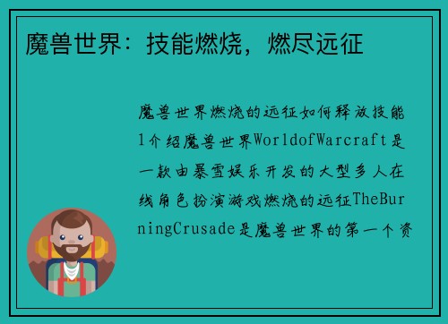 魔兽世界：技能燃烧，燃尽远征